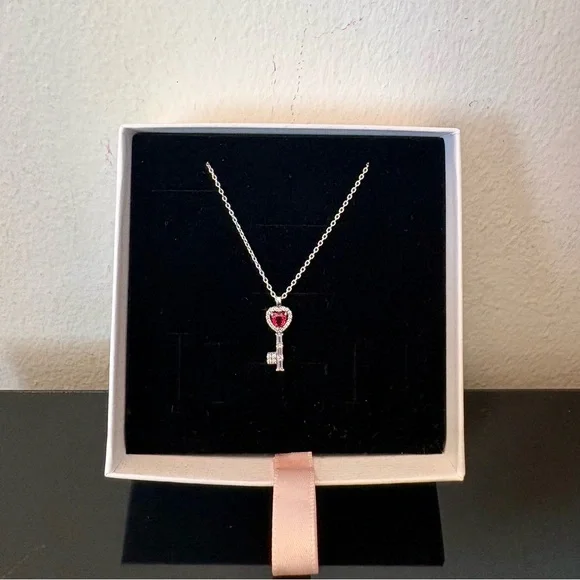 Pandora Silver Key Necklace with Red Heart Accent - Picture 1 of 7